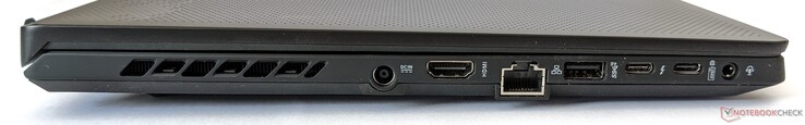 Left side: Power socket, HDMI 2.0b output, Gigabit Ethernet port, one USB-A 3.2 Gen 2 port, one Thunderbolt 4 port, one USB-C 3.2 Gen 2 port (with support for DP 1.4 and PD 3.0), combination 3.5-mm headphone/microphone jack
