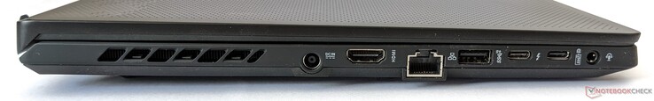 Left side: Power socket, HDMI 2.0b output, Gigabit Ethernet port, one USB-A 3.2 Gen 2 port, one Thunderbolt 4 port, one USB-C 3.2 Gen 2 port (with support for DP 1.4 and PD 3.0), combination 3.5-mm headphone/microphone jack