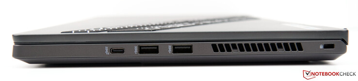 Left: USB-C 3.2 Gen. 2 (no DP, PD, or G-Sync), 2x USB-A 3.2 Gen. 1, Kensington lock