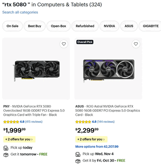 Best Buy lists the RTX 5080 for $1,999.99 — the cheapest online purchase option.