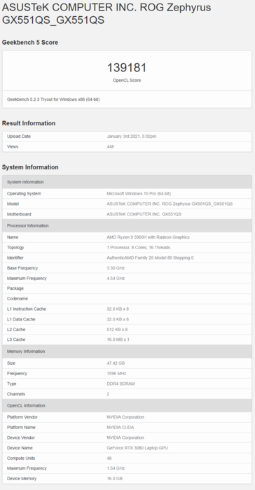 Asus ROG Zephyrus Duo GX551QS with Ryzen 9 5900H and RTX 3080 Mobile on Geekbench. (Source: Geekbench)