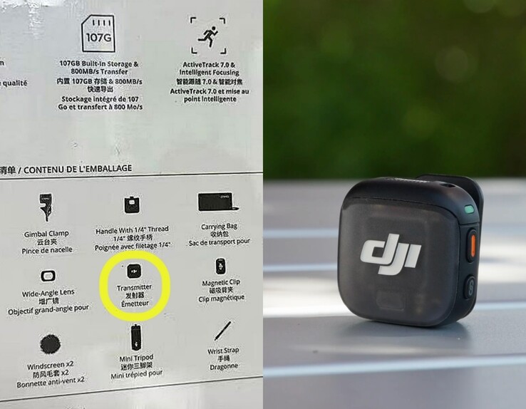 Alleged DJI Osmo Pocket 4 retail box (left). DJI Mic 3 (right).
