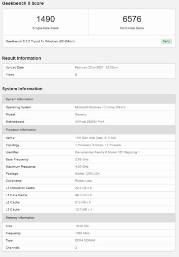 Intel Core i5-11400 Geekbench run (image via Geekbench)