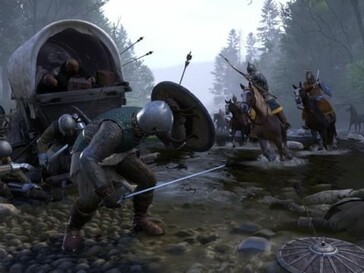 Battle scene from Kingdom Come: Deliverance showing armored soldiers ambushed near a wagon in shallow water.