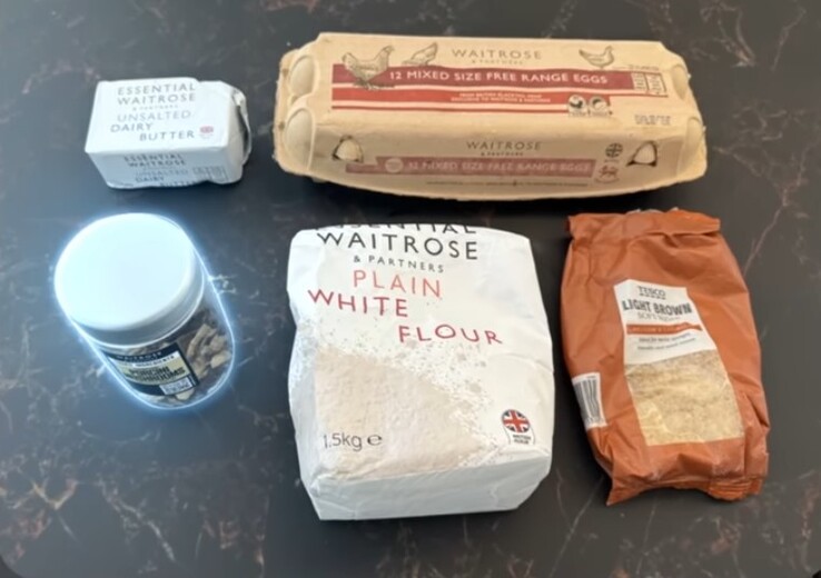 An altered image of the 5 ingredients Mrwhosetheboss uploaded to the AI chatbots highlighting the jar of mushrooms (Image source: Mrwhosetheboss; cropped)