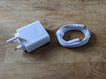 A look at the 65 W charger and USB Type-C charging cable.