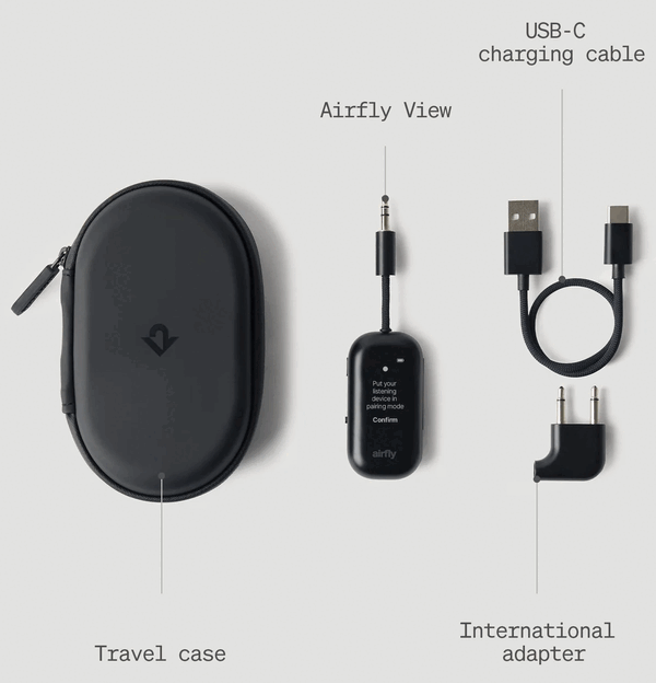 The AirFly View comes with a travel case, international adapter, and a USB-C cable.