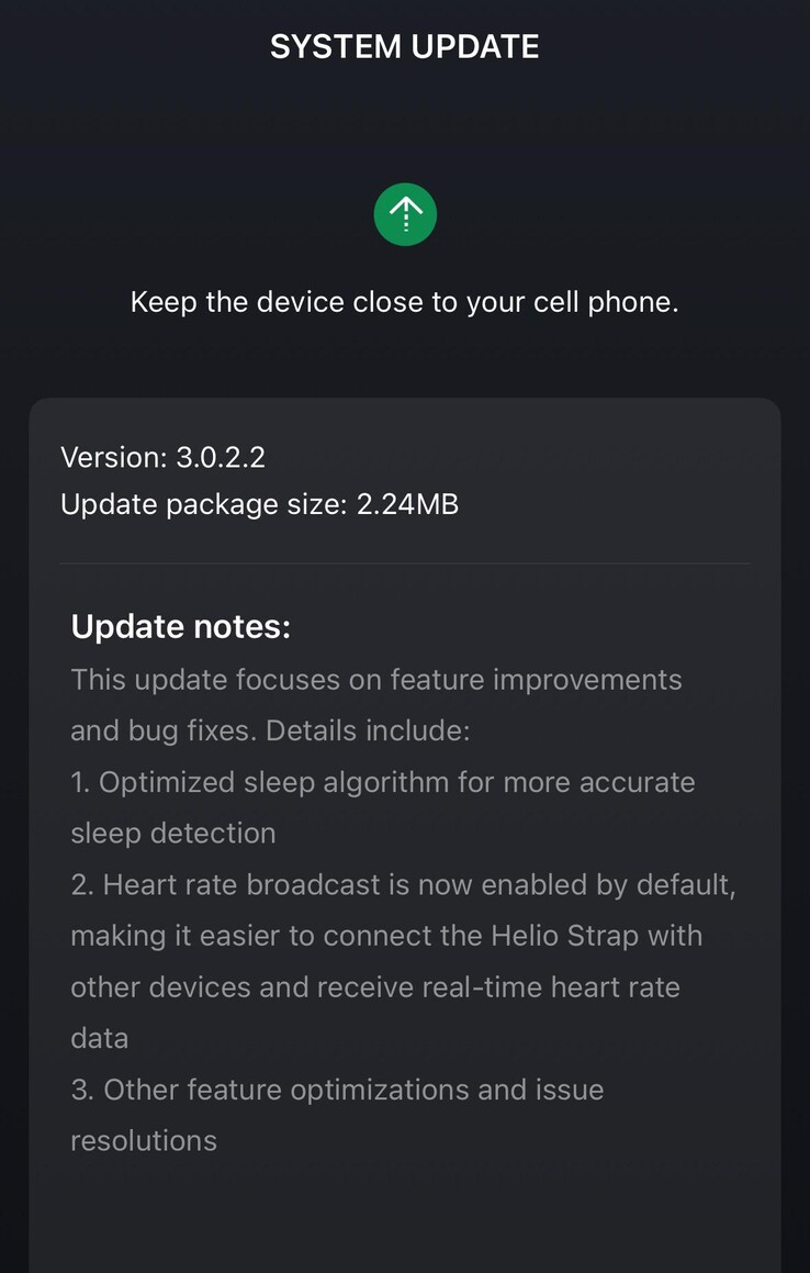The release notes for software version 3.0.2.2 for the Amazfit Helio Strap. (Image source: u/Secure-Carrot9971 via Reddit)
