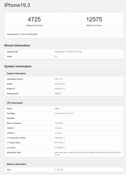 Apple A20 Pro Geekbench 6.7 CPU