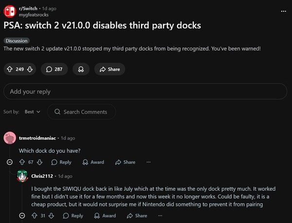 Reddit post on firmware udpate disabling Switch 2 docks (Image source: screenshot, Switch subreddit)
