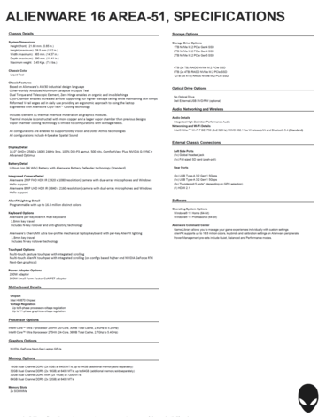 Alienware 16 Area-51: Specifications. (Image Source: Dell)