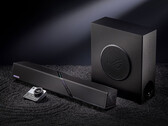 The desktop speaker setup costs around $548 in China. Pictured: a promo picture showing the soundbar, woofer, and the controller.