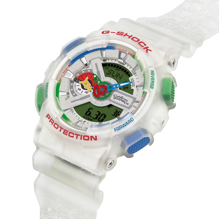 Angled view of the translucent Casio G-Shock Pokémon GA-110PKM-7A highlighting its oversized case and colorful buttons.