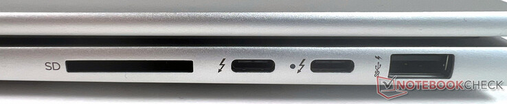 Right: 1x SuperSpeed USB Type-A 10 Gbit/s, 2x Thunderbolt 4 with USB 4 Type-C 40 Gbit/s transfer rate (USB power supply, DisplayPort 1.4, HP Sleep and Charge), 1x SD card reader