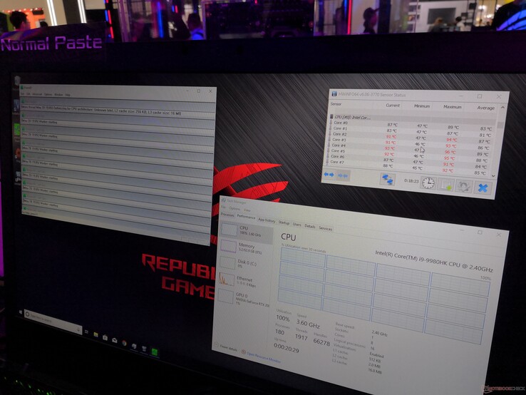 Core temperature on ROG Mothership without liquid metal thermal paste showing an average core temperature of 89 C