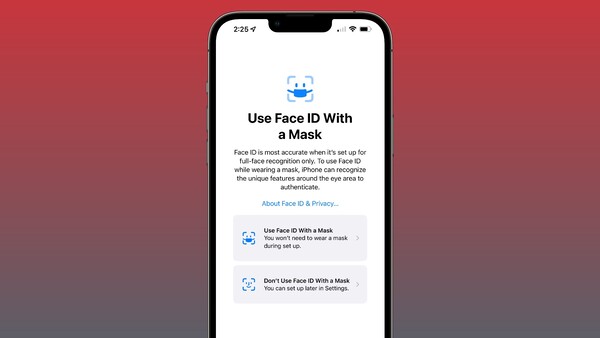 New Face ID splash screen in iOS 15.4 prompting users to scan for use with a mask (Image Source: Apple/Edited)