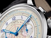 Close-up of the Timex Marlin Neo Classic Chronograph’s cream dial, featuring blue hands and Arabic numerals, red tachymeter markings, and a blue telemeter scale around the outer edge.