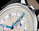 Close-up of the Timex Marlin Neo Classic Chronograph’s cream dial, featuring blue hands and Arabic numerals, red tachymeter markings, and a blue telemeter scale around the outer edge.