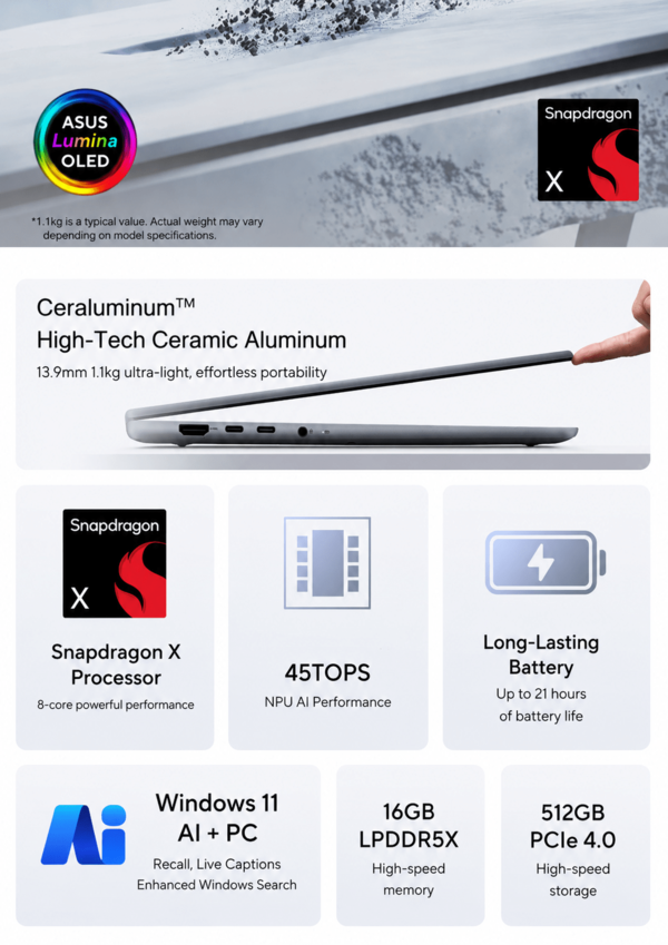 Asus Zenbook 14 with Snapdragon X features highlight (machine translated)
