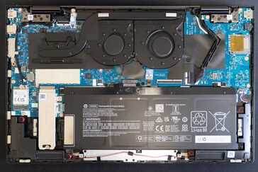 2023 HP Envy x360 15 without bottom plate shows slight rearrangement of internal components.