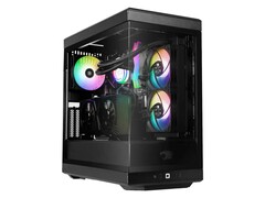 Side view of the iBuyPower Y40 Gaming PC showcasing its transparent case panel, internal RGB fans, liquid cooling tubes, and GeForce RTX graphics card. (Image source: Best Buy)