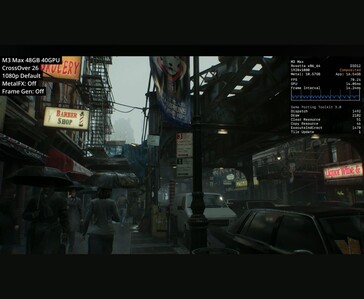 Resident Evil Requiem running on M3 Max MacBook Pro via CrossOver 26 at 1080p default settings showing around 70 FPS.