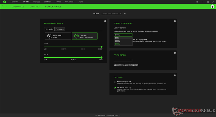 Razer Synapse Performance window. Unless otherwise stated, all performance benchmarks below were run on the highest power profile settings possible. Annoyingly, the program will sometimes not launch if there is no Internet connection