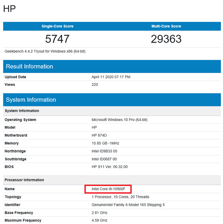 Intel Core i9-10900F result. (Image source: Geekbench)