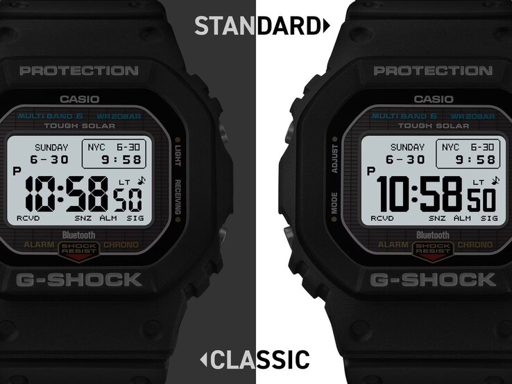 Close-up comparison of the GW-BX5600’s two MIP display styles, showing the Standard font on the right and the Classic 7-segment-style font on the left.