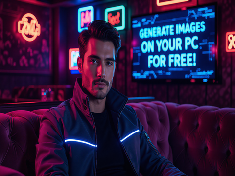 AI-generated image of a man in a neon-lit cyberpunk jacket sitting on a couch in a stylish club. A TV behind him reads: “GENERATE IMAGES ON YOUR PC FOR FREE.” (Image Source: AI Generated)