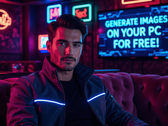AI-generated image of a man in a neon-lit cyberpunk jacket sitting on a couch in a stylish club. A TV behind him reads: “GENERATE IMAGES ON YOUR PC FOR FREE.” (Image Source: AI Generated)