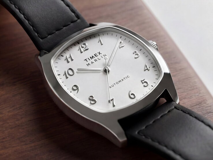 Timex Marlin Chatham Automatic with silver-tone cushion case, white dial, silver-tone Arabic numerals, and black leather strap