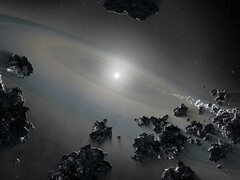 An illustration showing numerous asteroids.