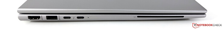 Left: HDMI 2.0, USB-A 3.2 Gen.1 (5 GBit/s, Powered), 2x USB-C 4.0 with Thunderbolt 4 (40 GBit/s, DisplayPort-ALT mode 1.4, Power Delivery 3.0), SmartCard reader