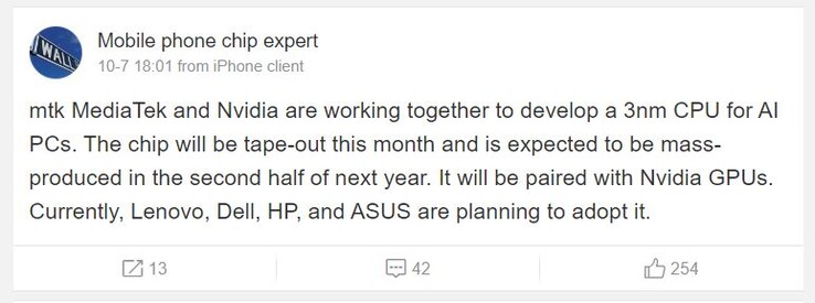 The Weibo user claims Nvidia and MediaTek will soon crash the desktop-class processor party. (Image source: Mobile Chip Expert via Weibo)