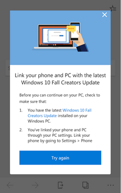 Microsoft Edge beta for Android screen showing how to enable the "continue on PC" option. (Source: Own)