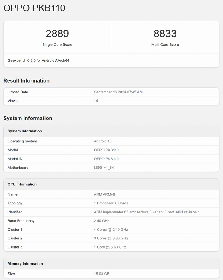 Alleged Oppo Find X8 Geekbench CPU benchmark (Image source: IT Home)