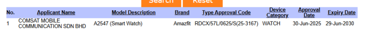 A screenshot of the SIRIM database showing an Amazfit smartwatch with model number A2547. (Image source: SIRIM)