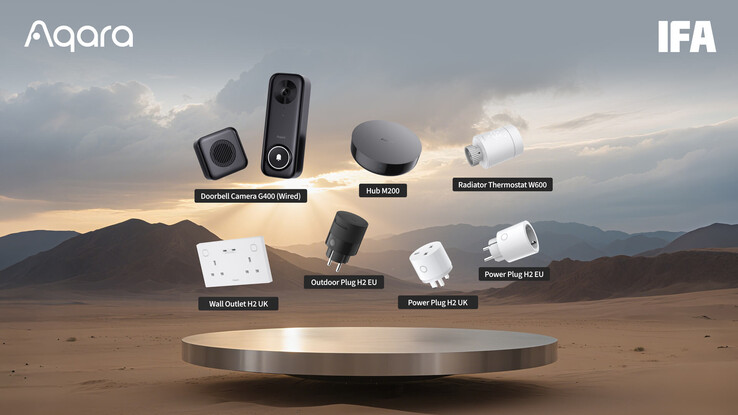 Aqara showed the Hub M200 (top, center) alongside other smart home products at IFA 2025. (Image source: Aqara)