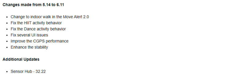 The change log for stable update version 6.11 for the Garmin Lily 2 series. (Image source: Garmin)