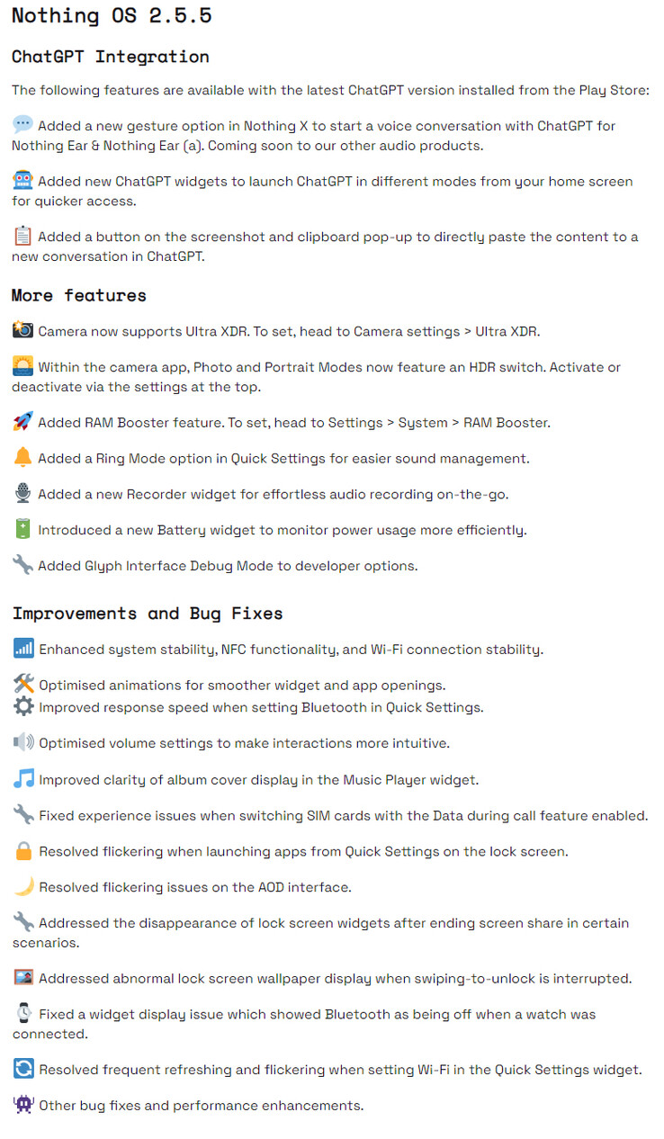 Nothing OS 2.5.5 for Phone 2 complete changelog (Image source: Nothing)