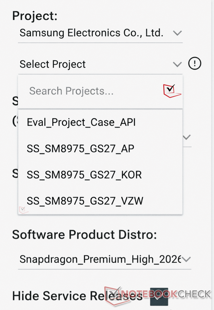 The Samsung project listing showing the regions where SM8975 is currently being tested