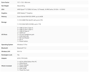 Spec sheet of the mini PC