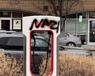 A Tesla Supercharger with graffiti. The automaker has vowed to prosecute vandals (Image source: SnazzyLabs on X)