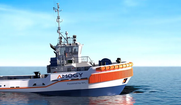 Rendering shows Amogy's design of an ammonia-powered tugboat
