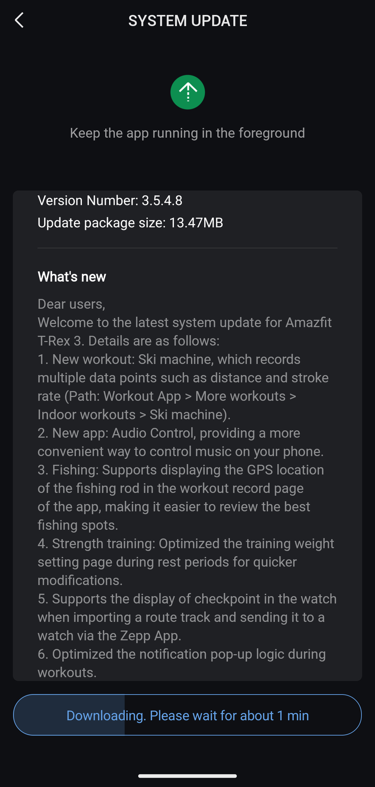 The change log for the Amazfit T-Rex 3 version 3.5.4.8 update. (Image source: u/Ech0ke via Reddit)