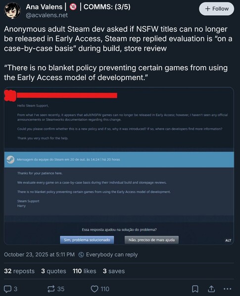 Steam response to adult game early access request (screenshot, Ana Valens Bluesky account)