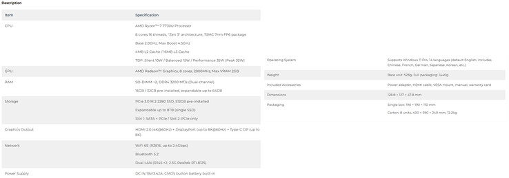 Complete specs of the mini PC (Image source: GMKtec)