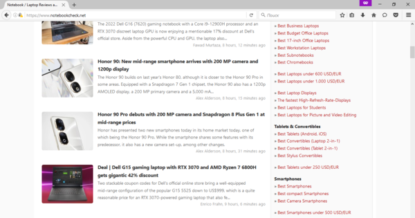 Browsing Notebookcheck.net via Firefox 48 on Windows 10 (Image source: Screen grab)