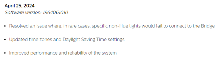 The release notes for software version 1964061010 for the Philips Hue Bridge. (Image source: Philips Hue)